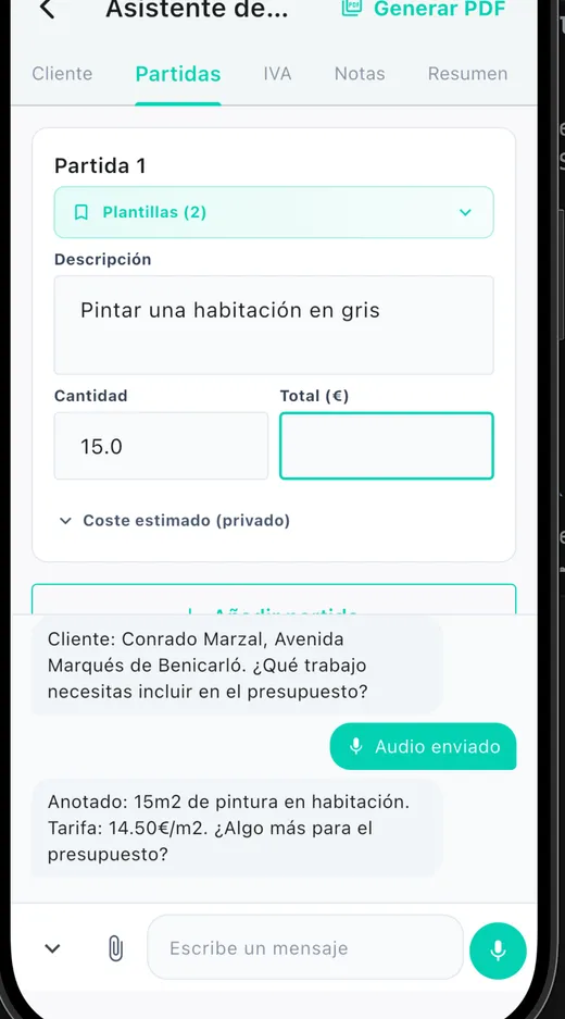 Presupuesto por chat: hablas, la app anota las partidas y monta el presupuesto