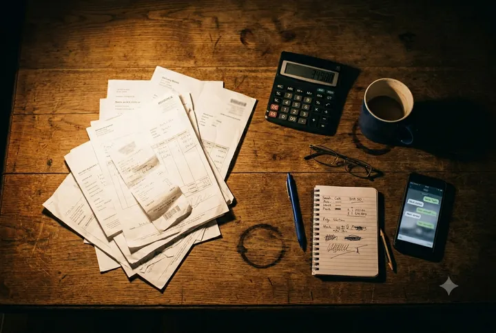 Mesa de cocina un domingo por la noche: facturas y albaranes esparcidos, una calculadora, gafas, una libreta y un café frío bajo la luz de la lámpara