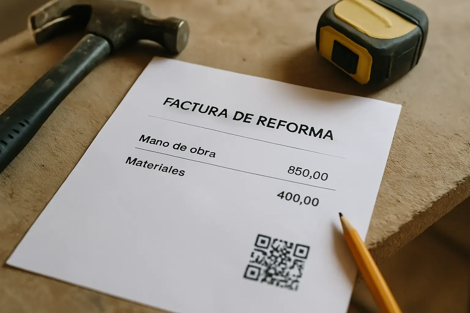 Factura de reforma con desglose de materiales y mano de obra para el IVA del 10%