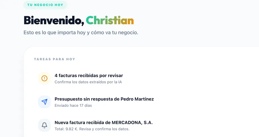 Panel web de KonquerAI: el inicio del negocio con las tareas del día y las facturas recibidas pendientes de revisar