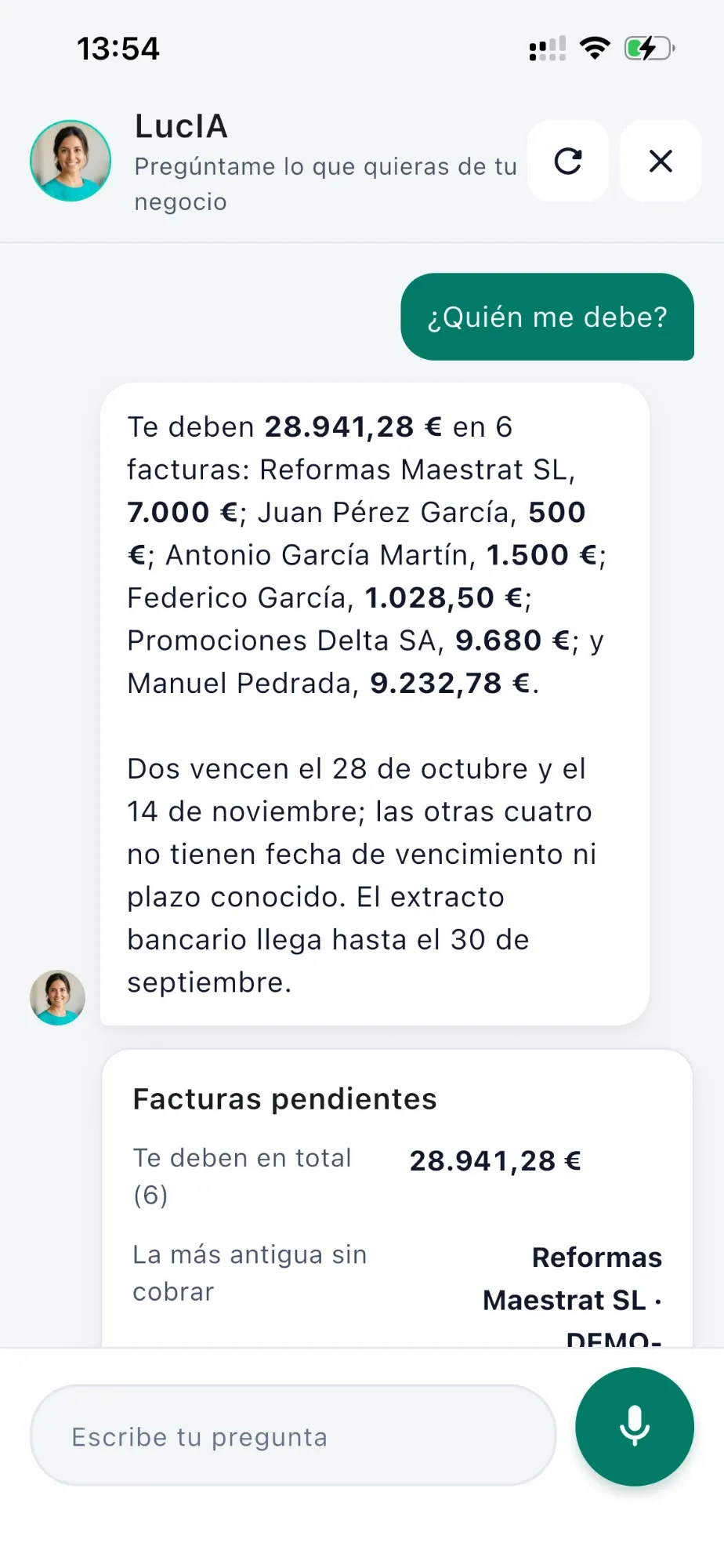 La app de KonquerAI: LucIA responde a «¿Quién me debe?» con 28.941,28 € en 6 facturas