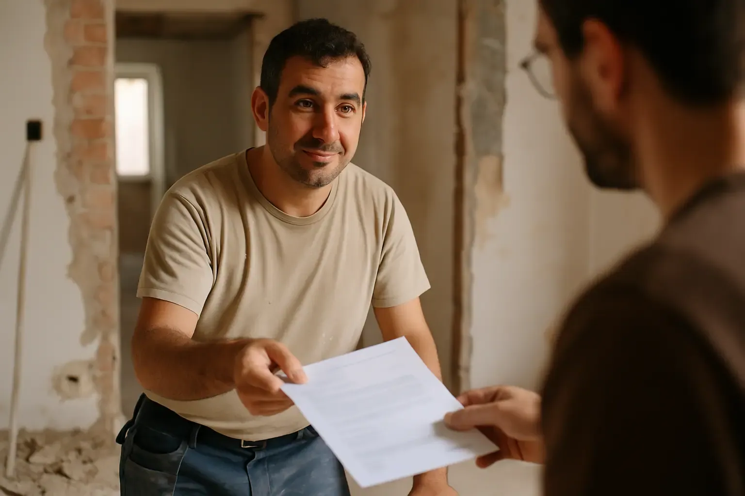 Reformista mostrando su seguro de responsabilidad civil a un cliente