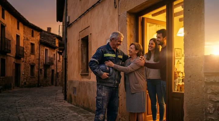 Un autónomo de reformas llega a casa al atardecer y le recibe su familia en la puerta