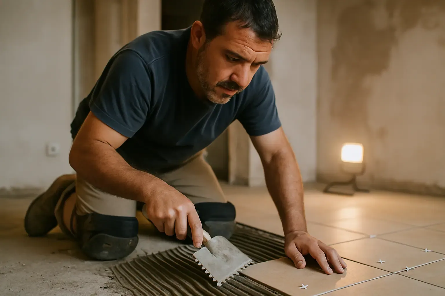 Alicatador colocando azulejos en una reforma de vivienda