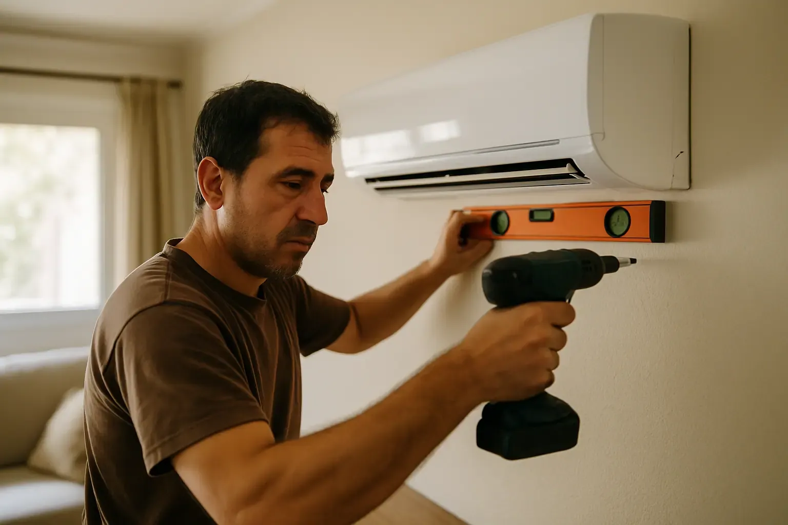 Instalador de climatización montando un aire acondicionado en una vivienda