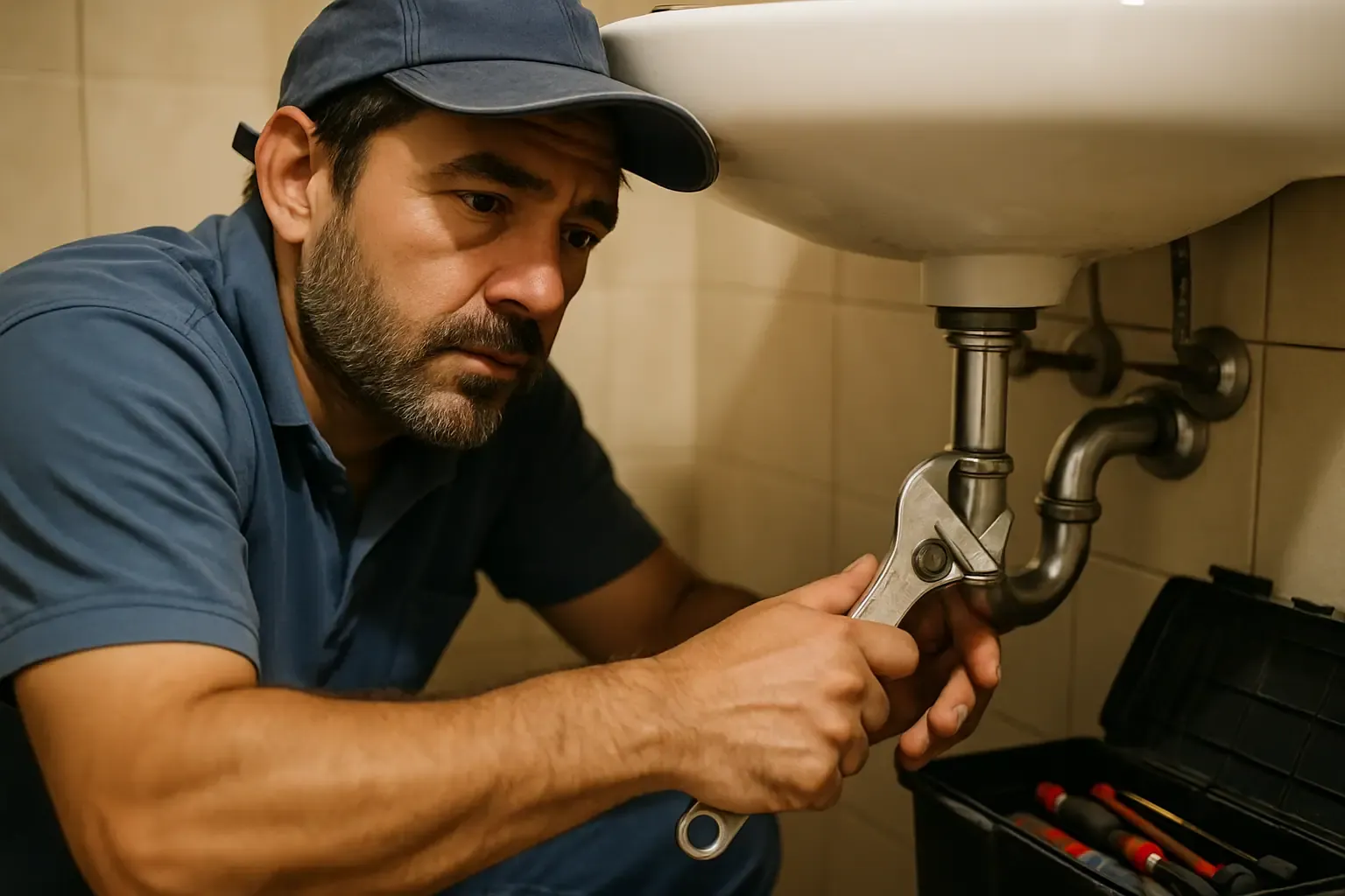 Fontanero autónomo en una reparación dentro de una vivienda