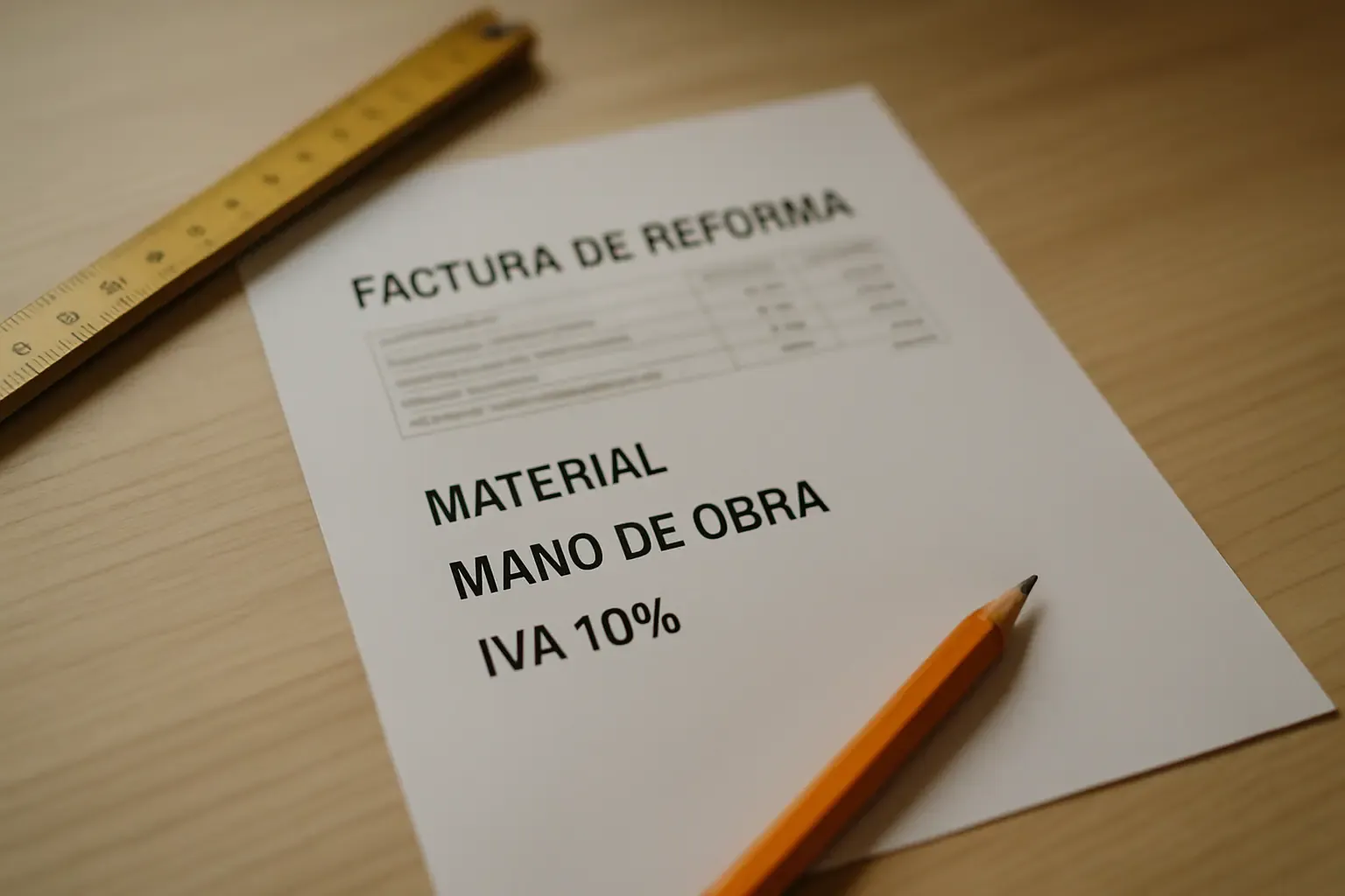 Factura de reforma con IVA reducido del 10% y desglose de materiales y mano de obra