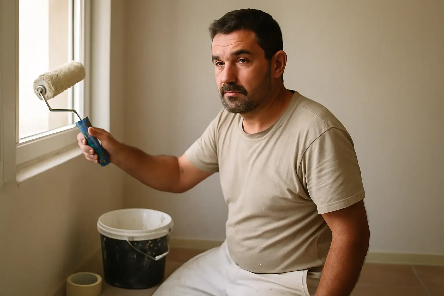 Pintor autónomo pintando una vivienda en una reforma
